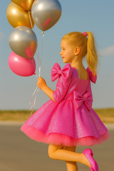 NA ADDESIGN Glitter Pink Girls Party Dress - Big Bow Detail, Puffy Dress, Sequined Children's Dress