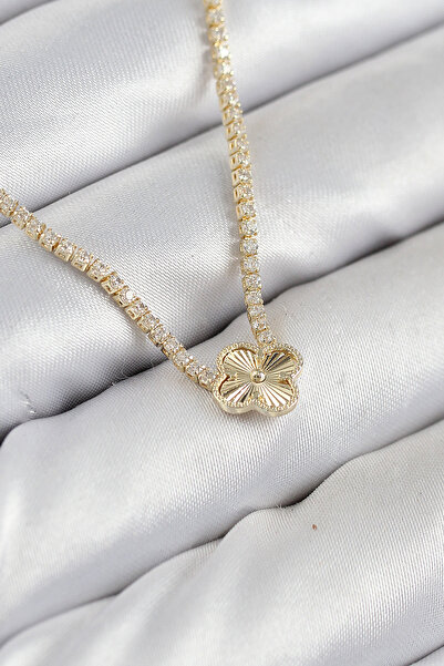 STİLLOVE قلادة نسائية من النحاس والزركون الحجري على شكل برسيم ذهبي اللون