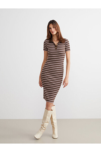 LC Waikiki Özmarka Yeni Sezon Polo Yaka Çizgili Elbise