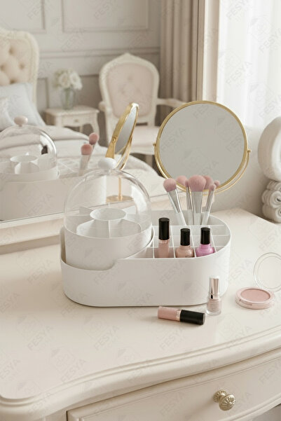 Fesya Home Mi̇ra 21 Compartment 360 Degree Rotatable Makeup Organizer – Cosmetic Organizer Box with Transparent Lid