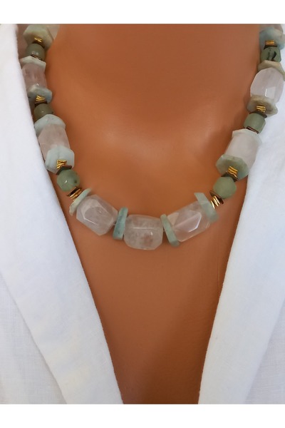 LemaStone Doğal taş kolye;Kristal kuvars ,akuamarin,rubyy zoizit taşı ve hema...