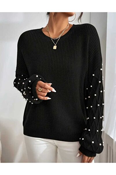 FIRAT kadın Kolu inci detaylı selanik örgü kadın kazak