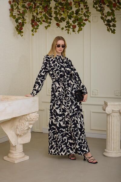 Moodbasic Merve Leaf Patterned Cupra Linen Dress