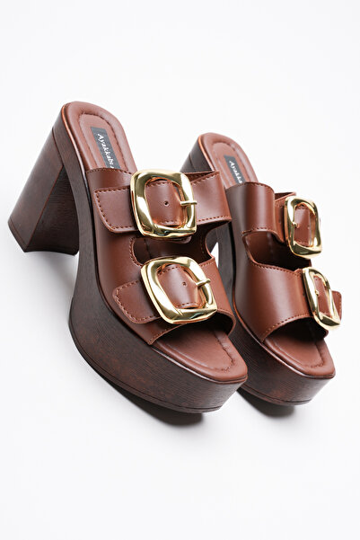 Ayakkabı Ateşi Дамски пантофки с гъбична подметка, две каишки и каишка с катарама, от таба кожа