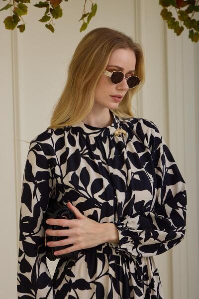 Moodbasic Merve Leaf Patterned Cupra Linen Dress