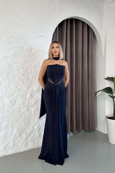 Livanomi Straplez Önü Boncuk İşlemeli Uzun Lacivert Abiye