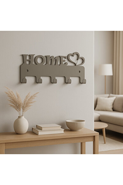 LUNOART Home Yazılı Kalpli Metal Anahtarlık Askısı (Renk: Vizon) | Duvar Tipi Anahtar Organizer