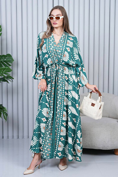 AYASOFYA OTANTIK Women's Green Ethnic Authentic Patterned Balloon Sleeve Loose Oversize Long Dress