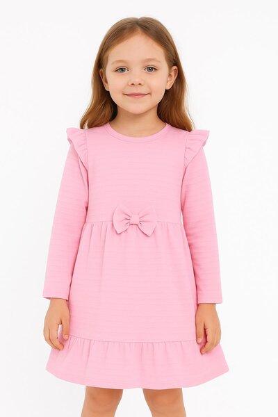 NEWKİDS Seasonal Cotton Powder Color Girls' Dress with Bow Detail and Ruffle Long Sleeves