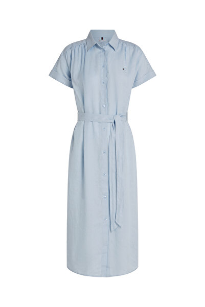 Tommy Hilfiger Women Breezy Blue Ess Linen Short Sleeve Midi Shirt Dress