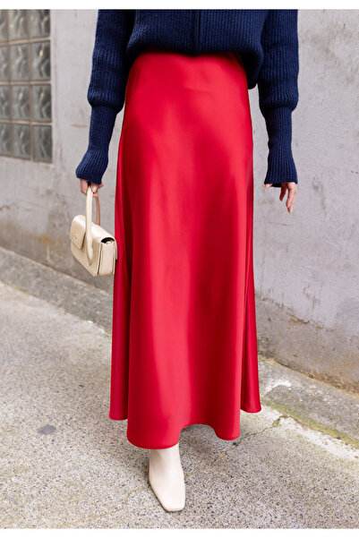 TÜCCAR UMUT Lüks Kalite Saten Kumaş Beli Lastikli Etek Kırmızı