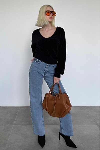 Madmext Black V-Neck Soft Textured Women's Sweater Mg2499