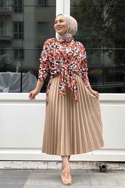 TÜCCAR UMUT Kadın Bej Beli Lastikli Pliseli Etek