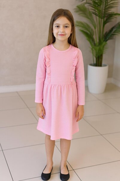 NEWKİDS Дълга рокля с ръкави от памук в прасковен цвят за момичета