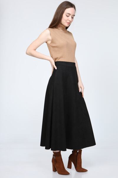 TÜCCAR UMUT Kadın siyah Yüksek Bel Süet Düz Mevlana Etek