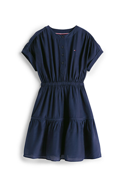 Tommy Hilfiger Girls Dark Night Navy Half Button Flare Short Tiered Shirt Dress