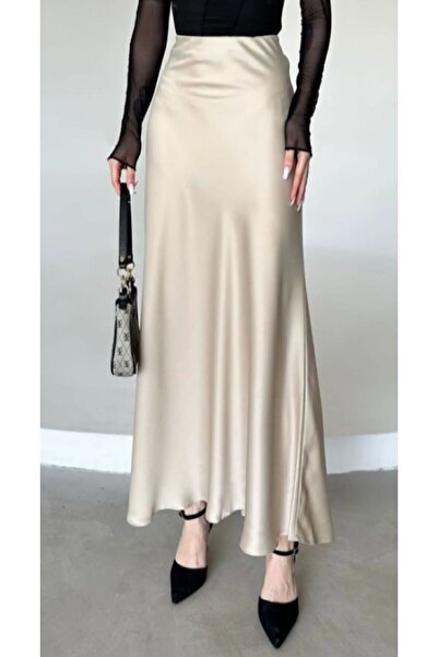 TÜCCAR UMUT Şık Saten Kemeri Lastikli 100 Cm Kloş Maxi Boy Etek KREM RENK