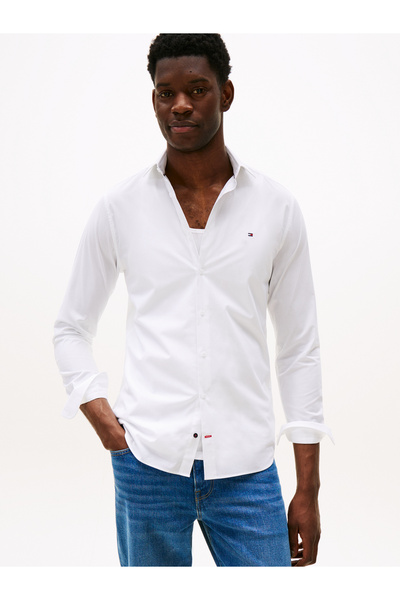 Tommy Hilfiger Tommy Hilfiger Men Optic White Flex Slim Fit Poplin Long Sleeve Shirt