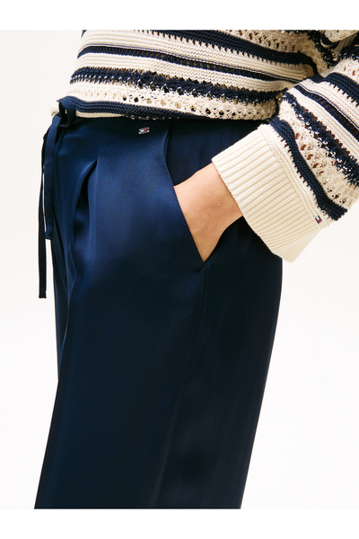 Tommy Hilfiger Women Dark Night Navy Sateen Tie Drawstring Relaxed Straight Pants
