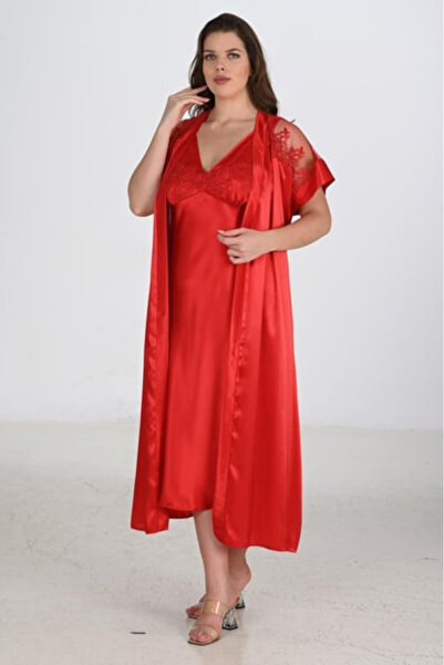 Bleu Petite Red Plus Size Lace Detail Satin Dressing Gown Nightgown Set