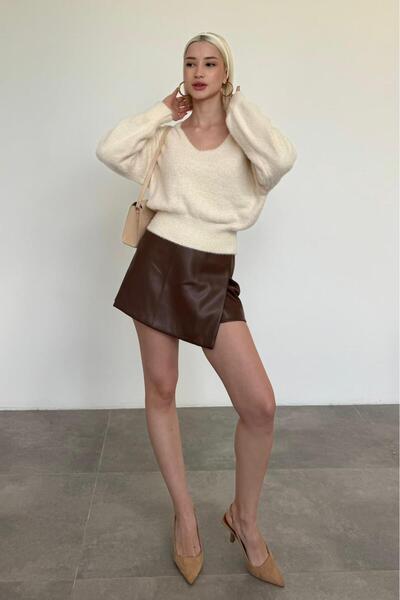 Madmext Vanilla V-Neck Soft Textured Women's Sweater Mg2499