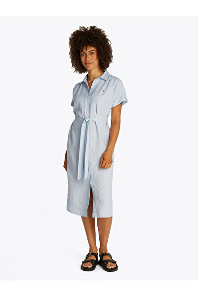 Tommy Hilfiger Women Breezy Blue Ess Linen Short Sleeve Midi Shirt Dress
