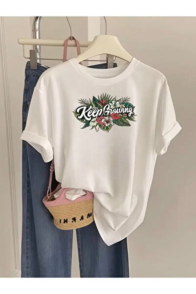 Deocept تي شيرت برقبة دائرية مطبوع عليه KEEP GROWING مقاس كبير