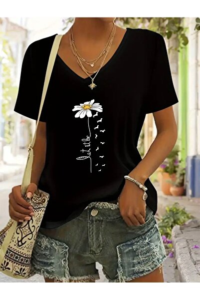 Deocept Daisy Printed V-Neck Oversize T-Shirt