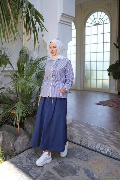 Bwest Belted Lace-Up Ruffled Detail Shirt - Skirt Set - (38-46) - 71303 - Navy Blue