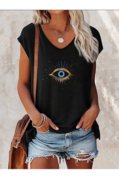 Deocept تي شيرت نسائي كبير الحجم بدون أكمام مطبوع عليه عين