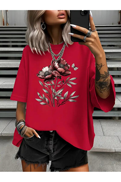 Deocept تي شيرت كبير الحجم مطبوع عليه زهرة حمراء