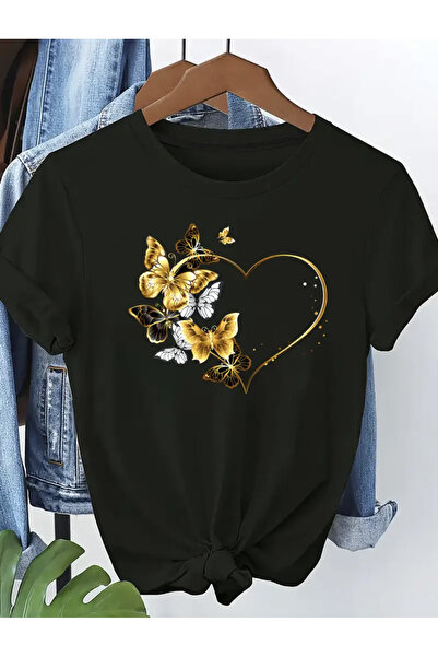 mercoledi TRICOU OVERSIZE CU GULER ROTUND CU IMPRIMEU DE INIMĂ AURIE CU FLUTURE