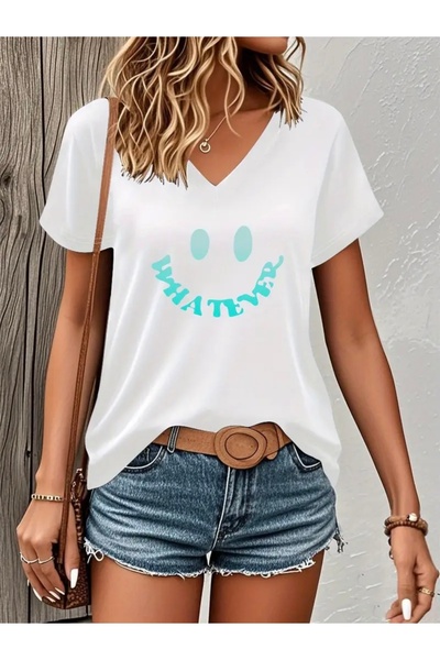Deocept TRIOU DE FEMEI OVERSIZE CU Gât în ​​V CU PRINT WHATEVER SMILING FACE