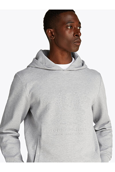 Tommy Hilfiger Men Light Grey Heather Logo Embossed Long Sleeves Hoodie