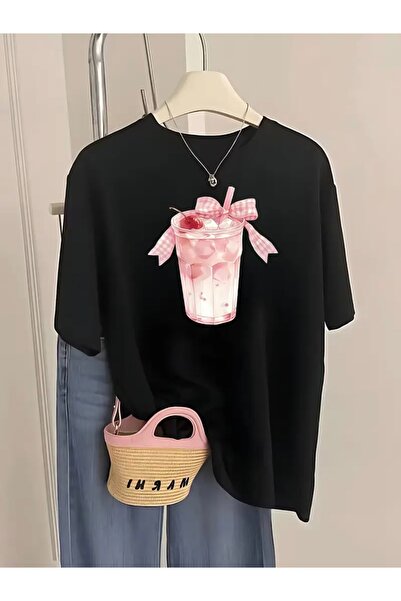 Deocept Plaid Ribbon Cup Printed Oversize Crew Neck T-Shirt