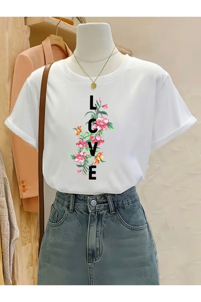 Deocept TRIUC DE MARE DIMENSIUNE CU Gâtul Crew cu imprimeu FLOWERS LOVE