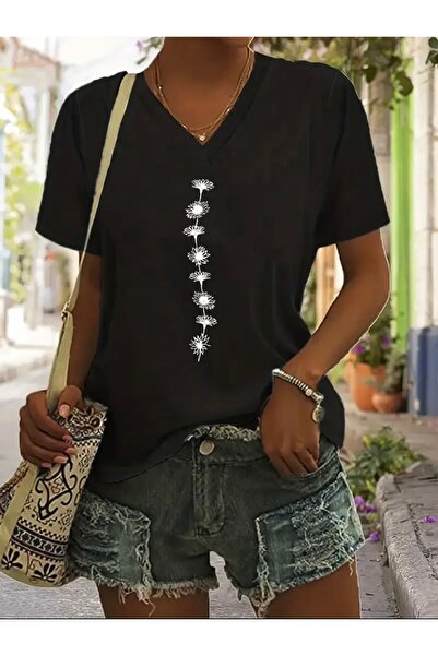 Deocept تي شيرت نسائي كبير الحجم برقبة على شكل حرف V مطبوع عليه زهور