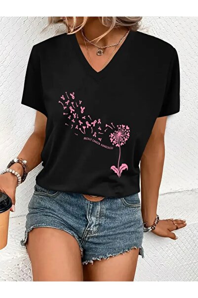 Deocept تي شيرت برقبة على شكل حرف V من الريش الوردي