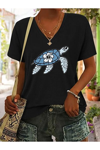 mercoledi TRICOU DE DAMĂ OVERSIZE CU GULER ÎN V CU IMPRIMEU TURTLE DOVE