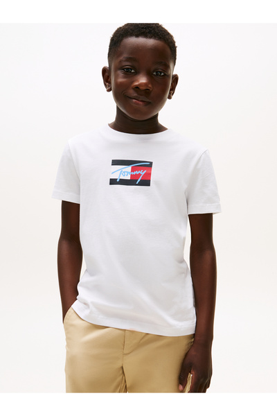 Tommy Hilfiger Men White Tommy Script Flag Print Short Sleeve T-Shirt