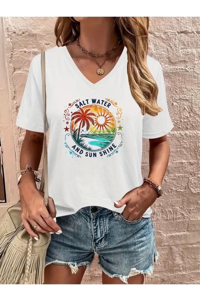 Deocept TRICOU DE DAMĂ OVERSIZE CU GULER ÎN V CU IMPRIMEU PALMĂ & SUN