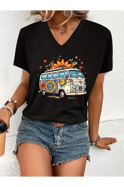 Deocept Retro Bus Printed Women's Oversize V-Neck T-Shirt