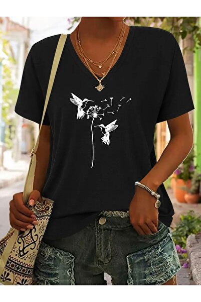 Deocept تي شيرت نسائي كبير الحجم برقبة على شكل حرف V مطبوع عليه طيور