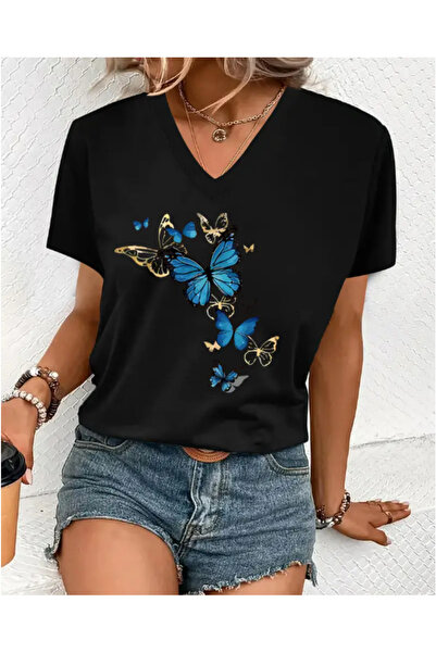 Deocept تي شيرت كبير الحجم مطبوع عليه فراشات زرقاء برقبة على شكل حرف V