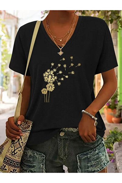 Deocept TRICOU DE DAMĂ OVERSIZE CU GULER ÎN V CU IMPRIMEU PĂPĂDIE