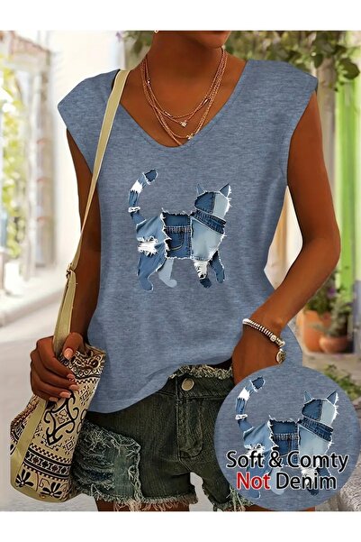 Deocept تي شيرت نسائي بدون أكمام مطبوع عليه قطة