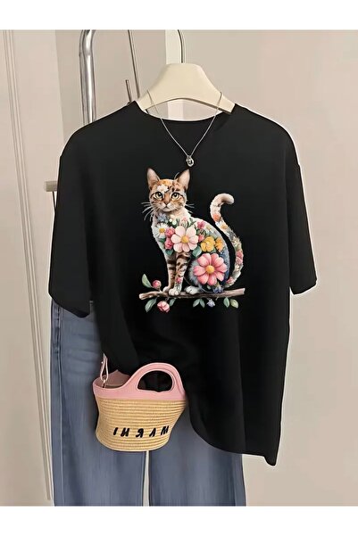 mercoledi TRICOU OVERSIZE CU GULER ROTUND CU IMPRIMEU FLOWER CAT