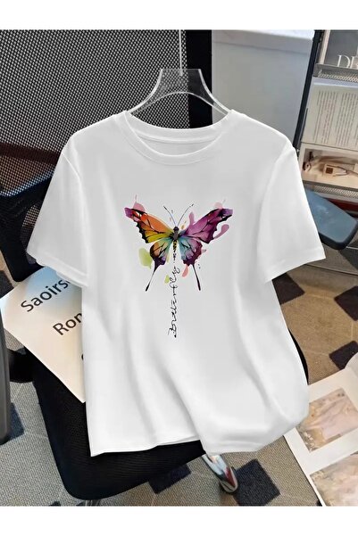 Deocept Oversize Crew Neck T-Shirt with Watercolor Butterfly Print