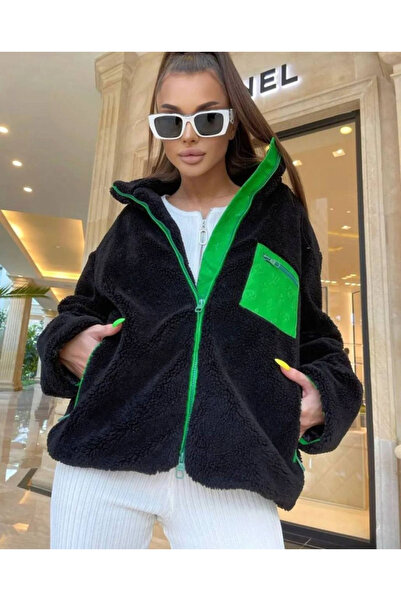 Aesco Women's Long Sleeve Colorful Pocket and Zipper Detail Plush Coat