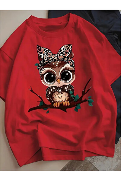 Deocept Oversize T-Shirt with Leopard Ribbon Owl Print